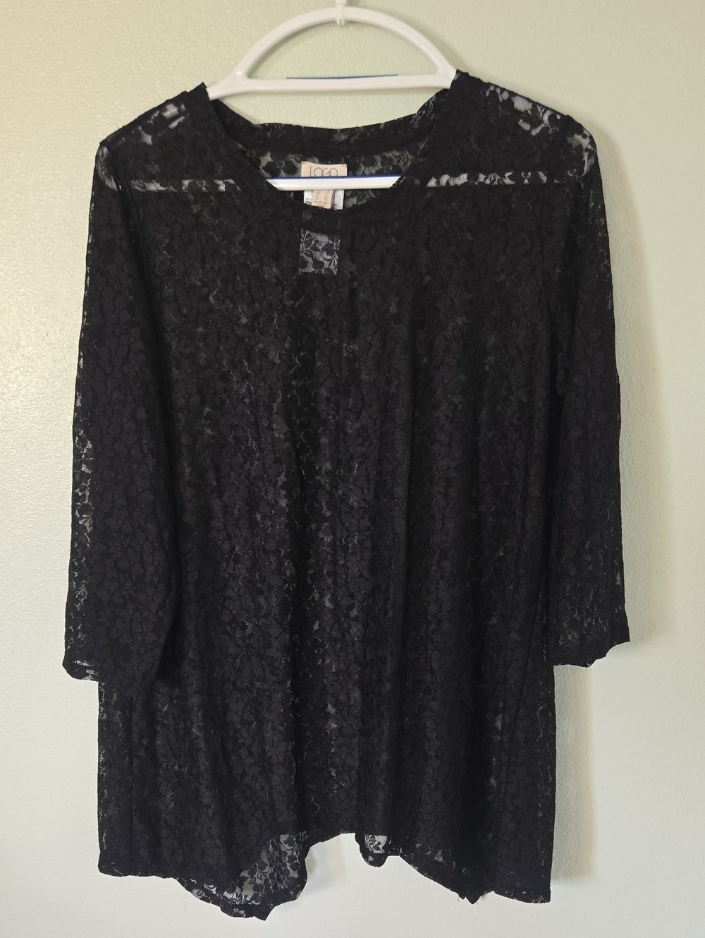 LOGO Lori Goldstein | Black Lace 3/4 Sleeve Layering Tunic Top Size Large